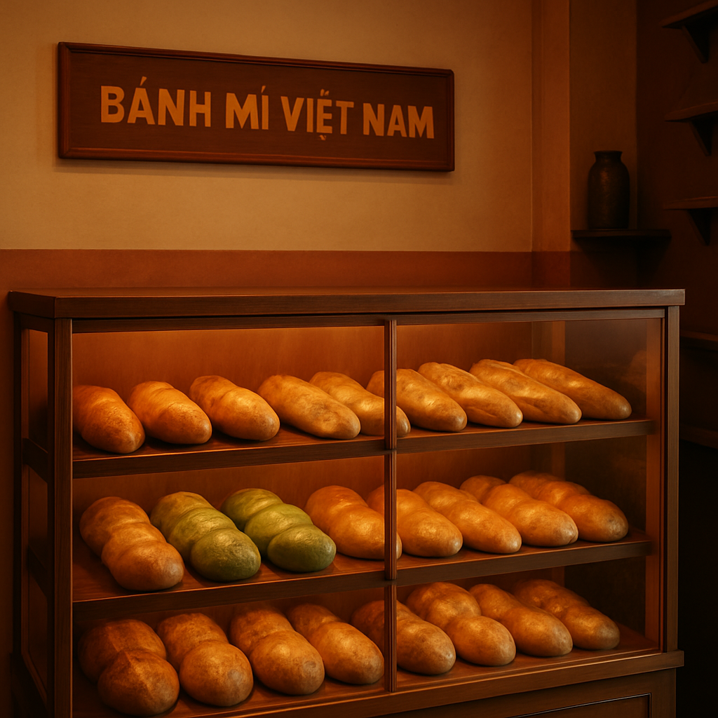 Warm interior of Rolls Savour bakery with display shelves of freshly baked breads and buns