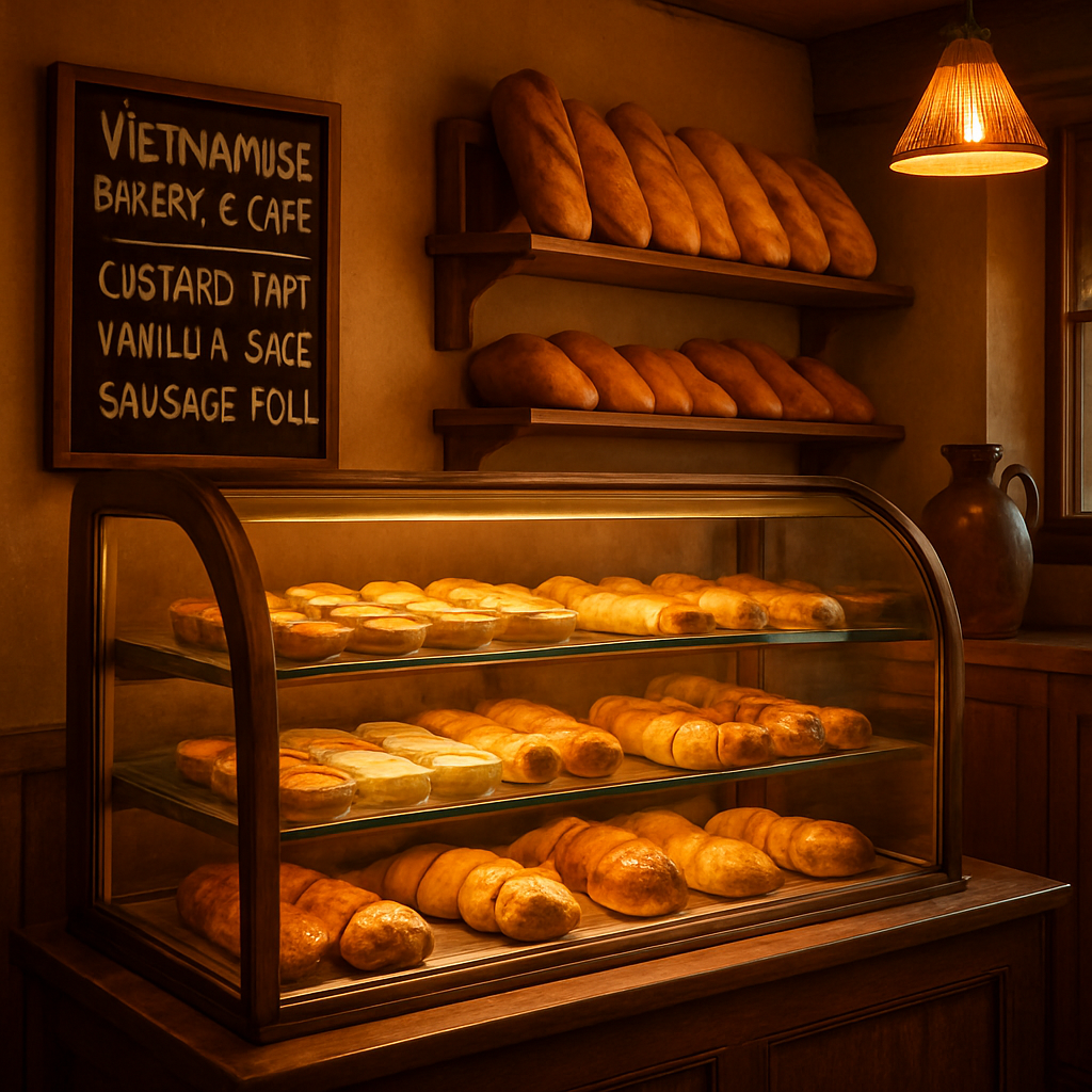 Inside the Rolls Savour bakery — pastry cabinet with custard tarts, vanilla slices, baguettes and more
