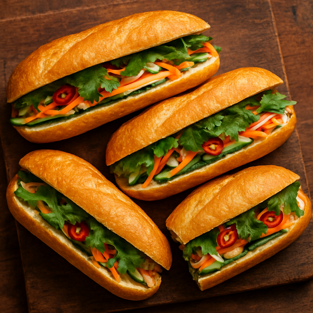 Freshly made Vietnamese bánh mì sandwiches on a wooden board