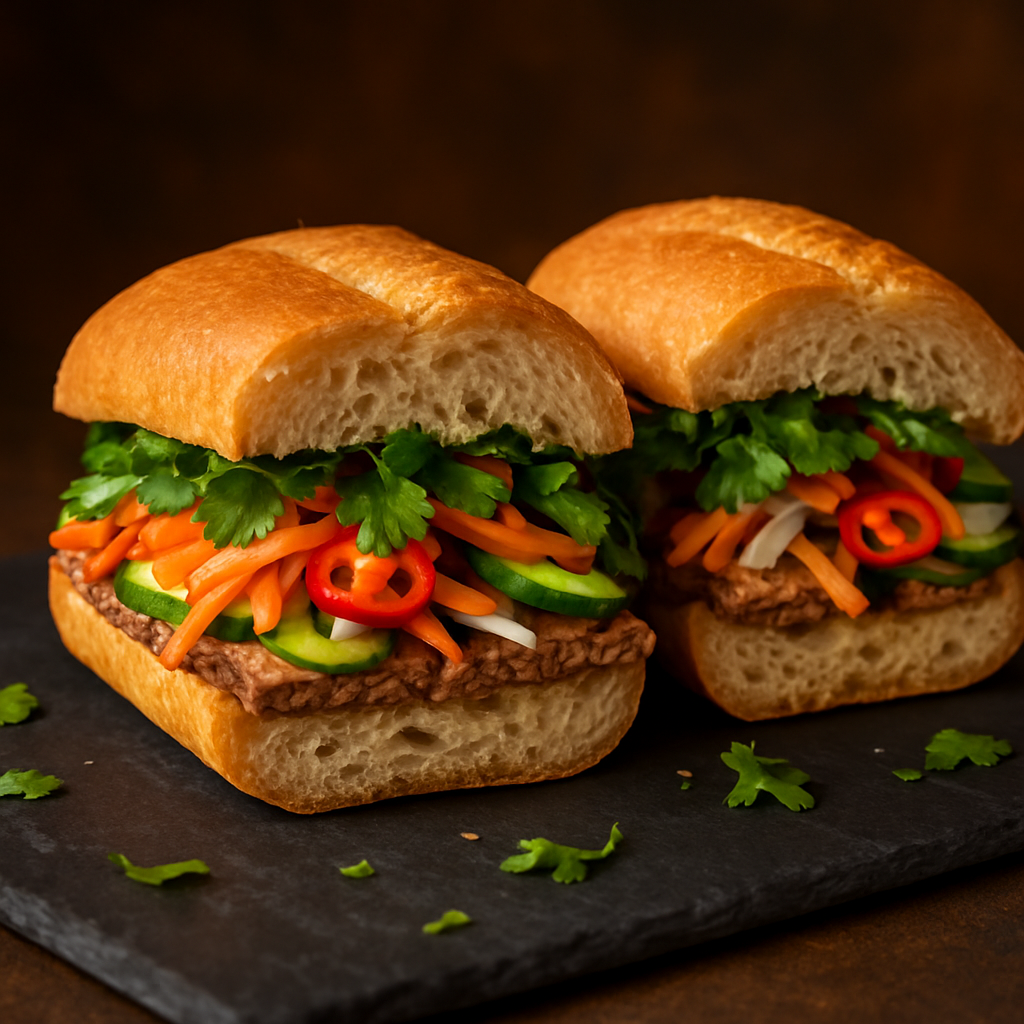 Freshly made Vietnamese bánh mì sandwich cut in half on a dark slate board