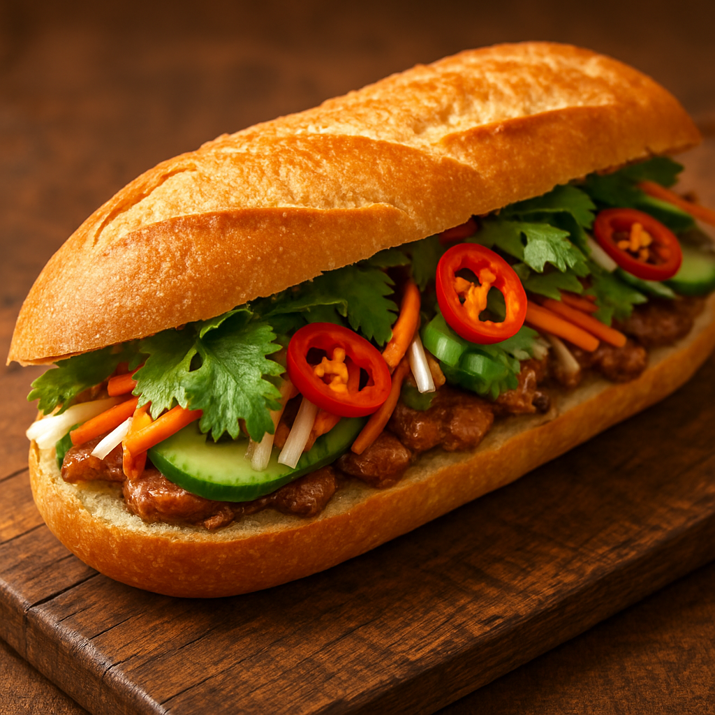 Freshly made Vietnamese banh mi baguette sandwich with pickled vegetables and herbs