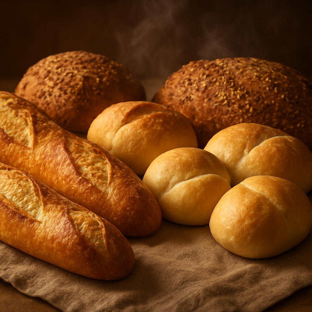 Golden-brown artisan bread rolls and baguettes on rustic linen