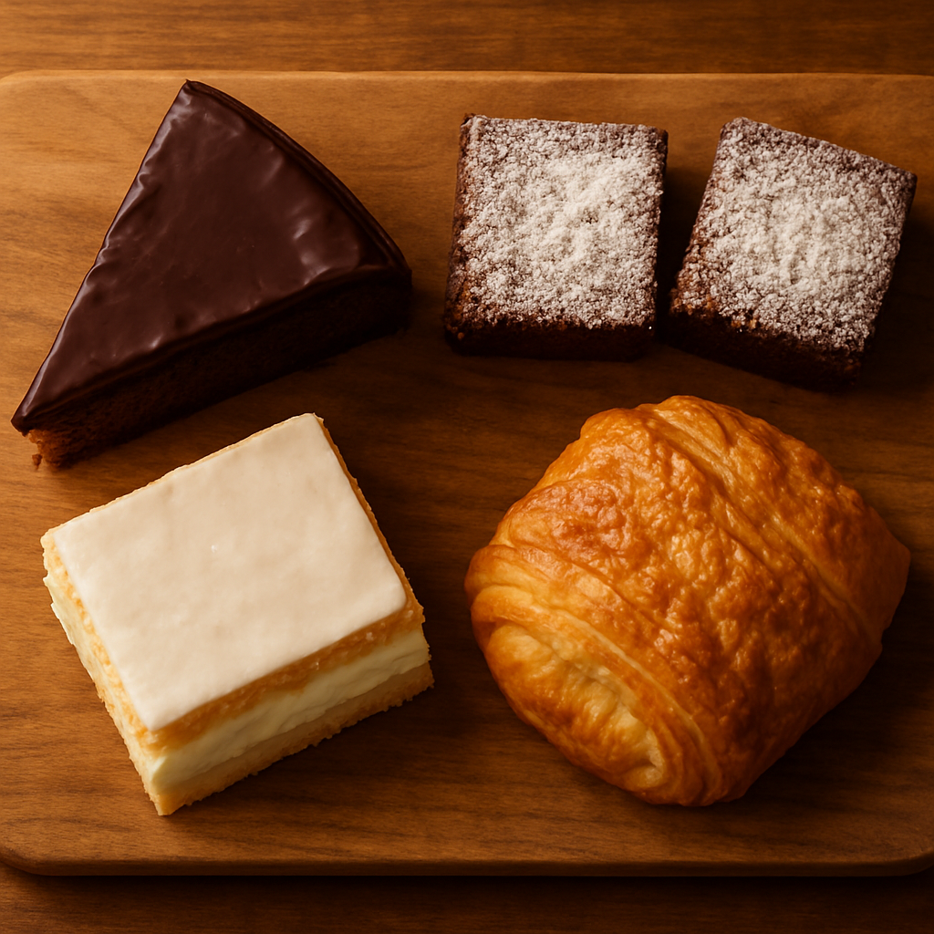 Assortment of chocolate cake, brownies, and vanilla slice pastries