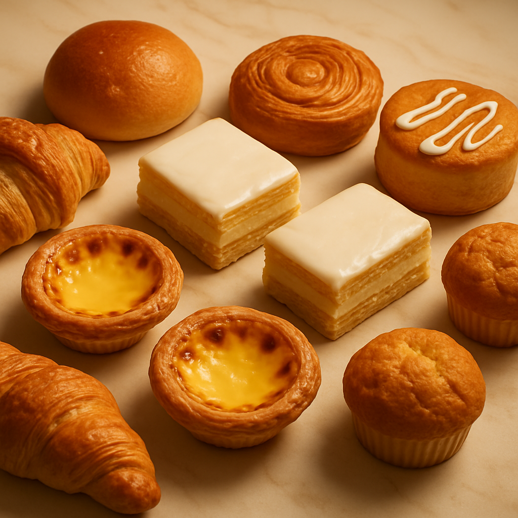 Assorted pastries including egg custard tarts and vanilla slices on a marble surface