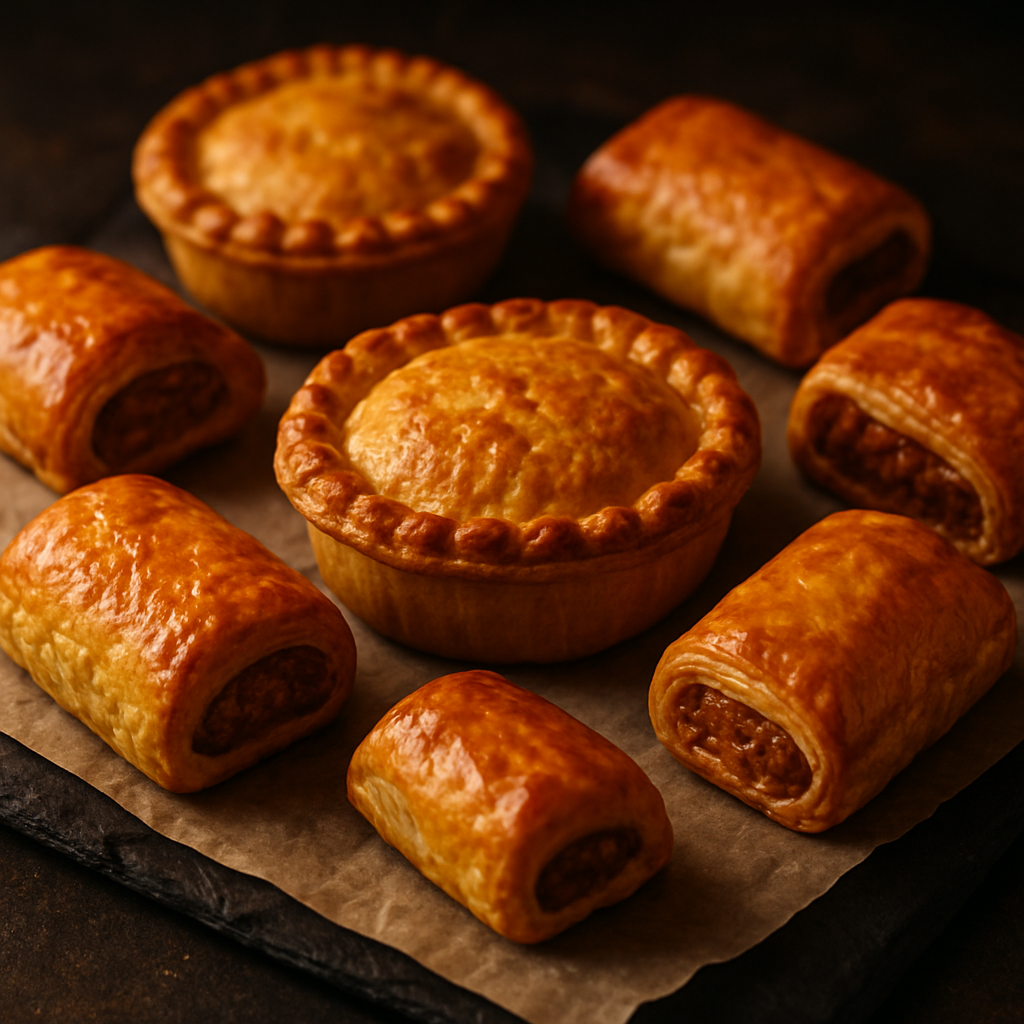 Golden savoury pies and sausage rolls on parchment paper