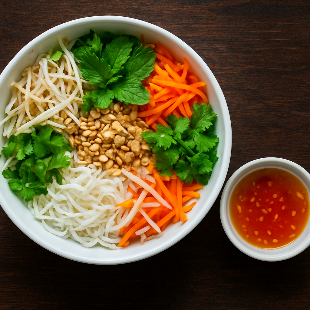 Vietnamese rice noodle salad bowl with fresh herbs and vegetables