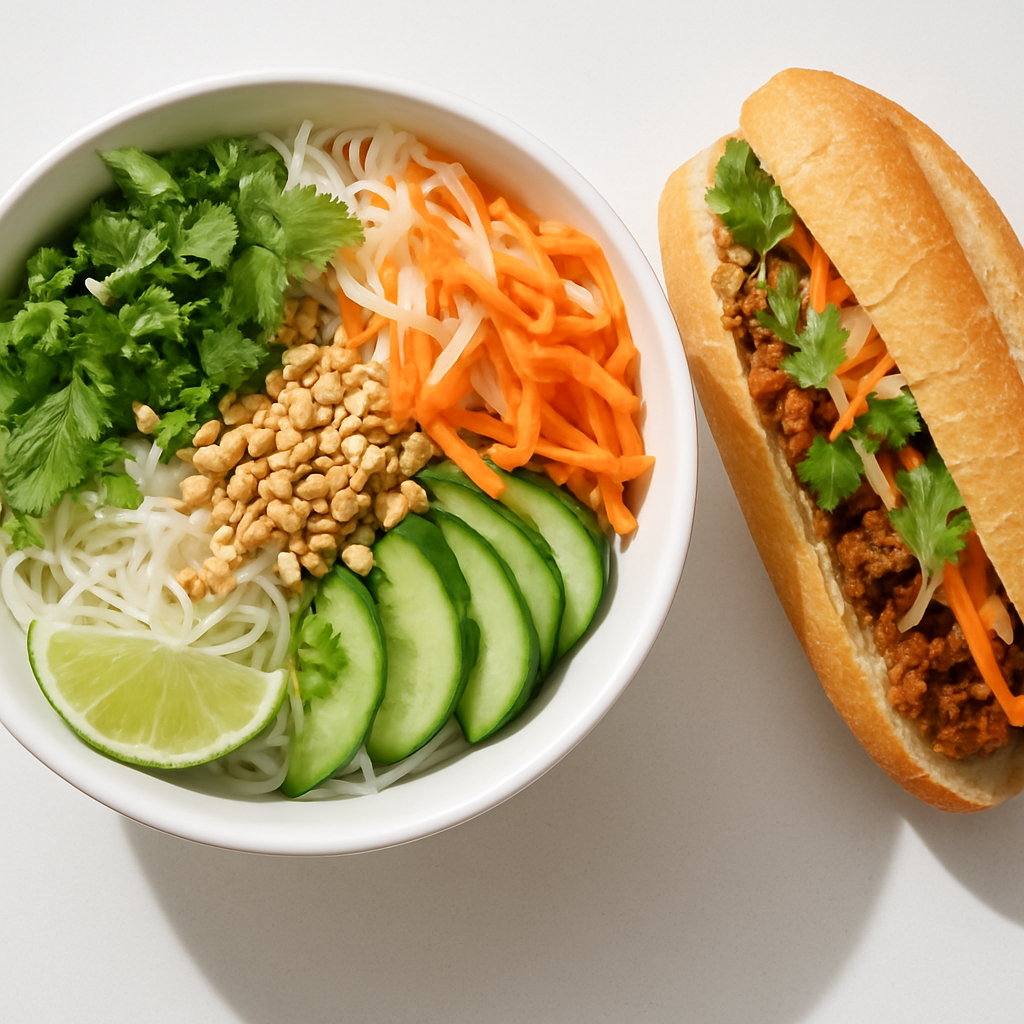 Vietnamese vermicelli noodle salad with fresh herbs and pickled vegetables in a bowl