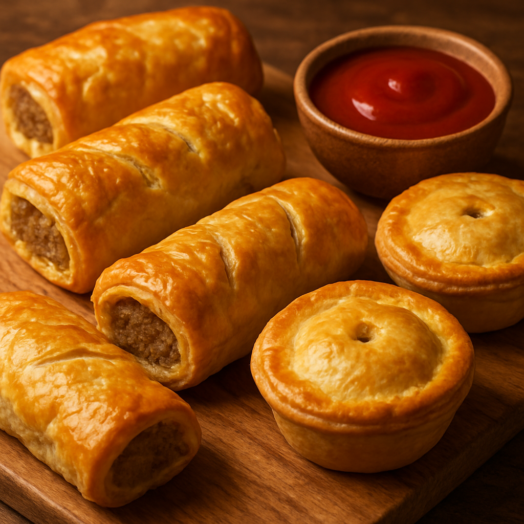 Golden sausage rolls and savory meat pies on a wooden board